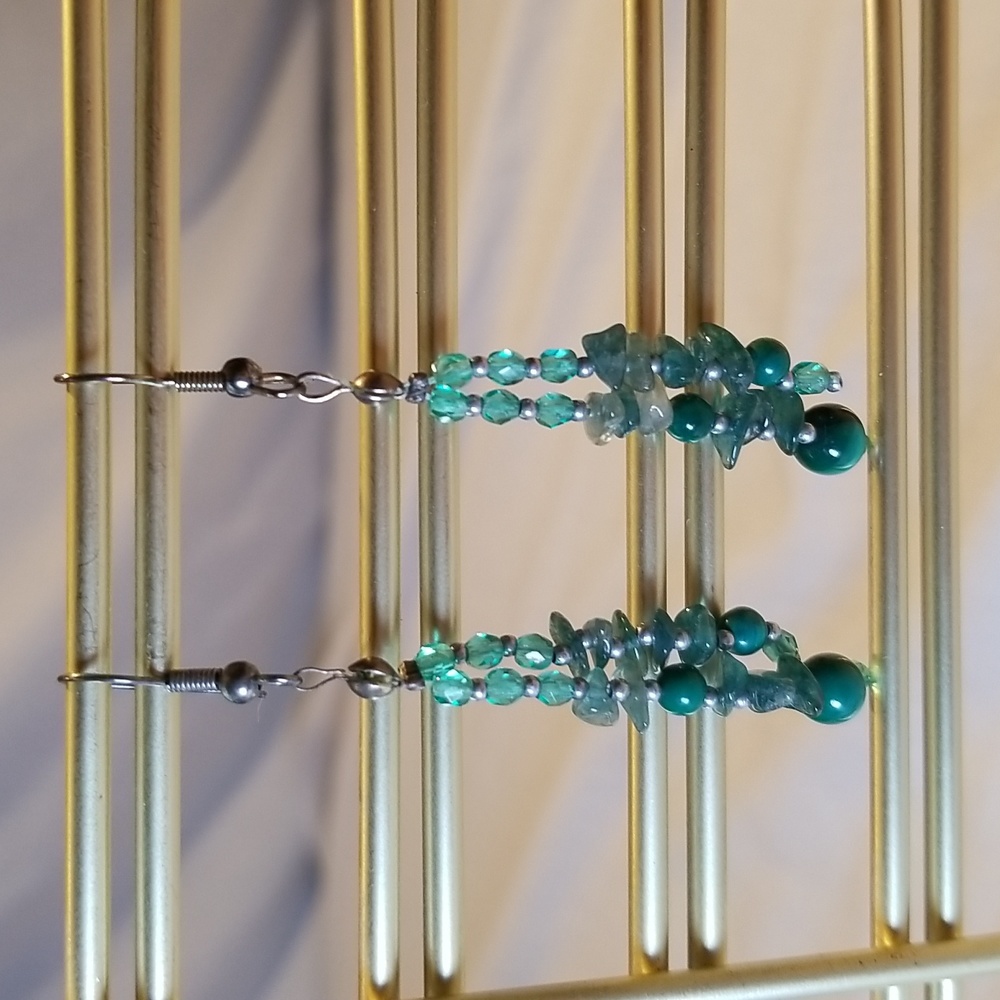Green Beaded Earrings on Silver Hooks